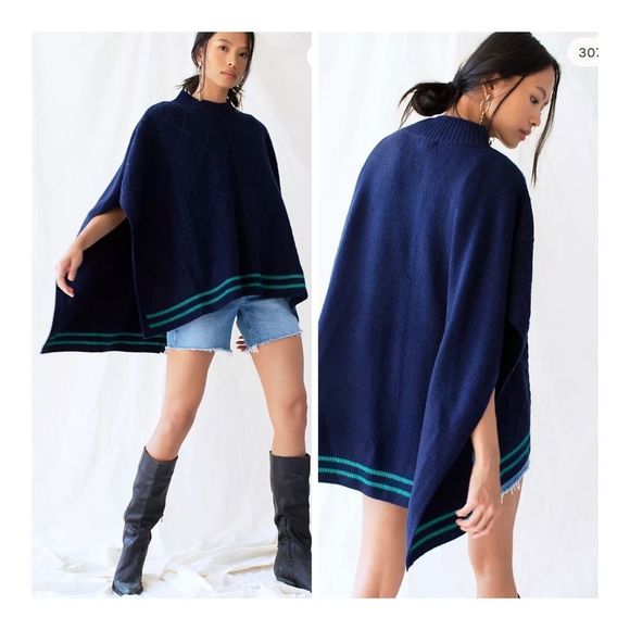NWT Free People Harbour Stripe Cable Poncho - Picture 1 of 8